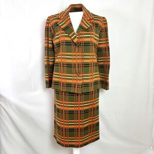 Vintage 1960s Cadillac 2-Piece Skirt Suit Set Women's 12 Wool Plaid Orange Green